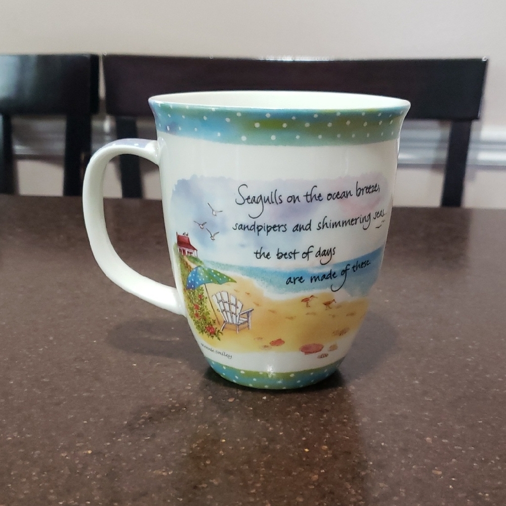 Cape Shore mug with a beach theme, featuring seagulls, sandpipers, and a quote